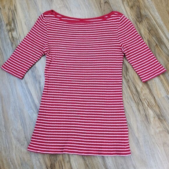 💜Old Navy Red & White Striped Boatneck Elbow Sleeve Top Small - Picture 1 of 8